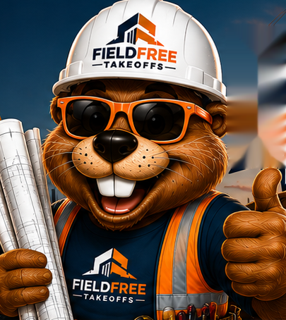 Benny the Beaver, the Field Free Takeoffs mascot, holding rolled plans and giving a thumbs up