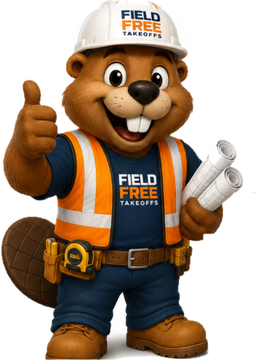 Benny the Beaver in a Field Free hard hat and safety vest, holding blueprints